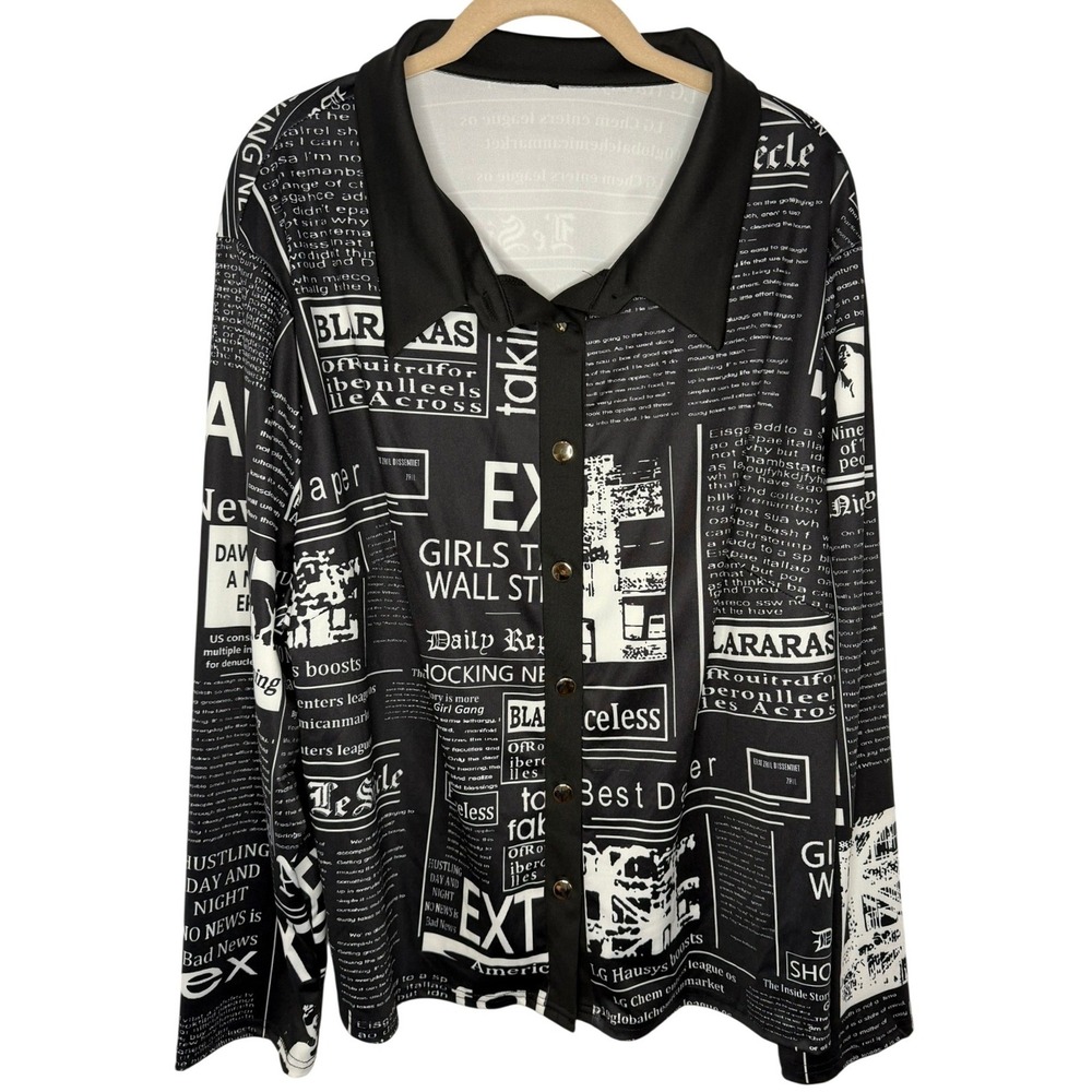 Unbranded Newspaper Print Shirt Women Large Black White Graphic Button Down Top